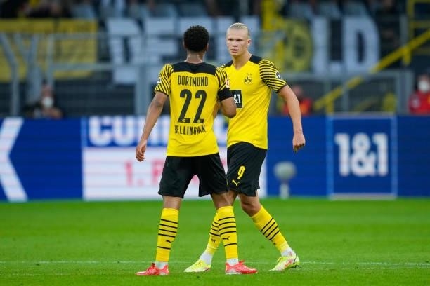 Erling Haaland of Borussia Dortmund talks to Jude Bellingham of Borussia Dortmund during the Bundesliga match between Borussia Dortmund and Eintracht...