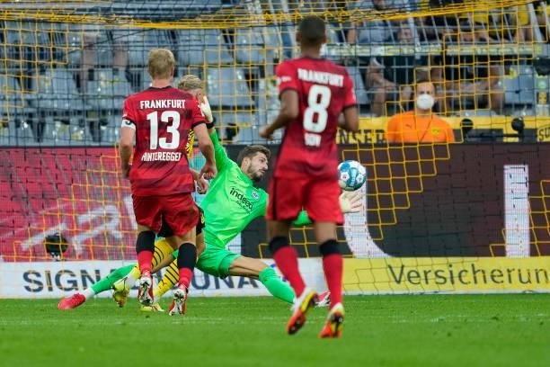 Erling Haaland of Borussia Dortmund scores his team's fifth goal during the Bundesliga match between Borussia Dortmund and Eintracht Frankfurt at...