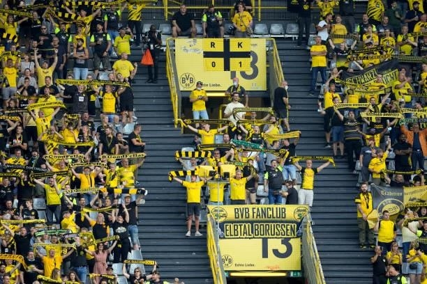 Fans of Borussia Dortmund in the South Stand prior to the Bundesliga match between Borussia Dortmund and Eintracht Frankfurt at Signal Iduna Park on...
