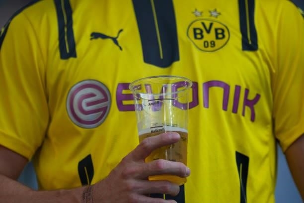 Fan of Borussia Dortnund with beer mug prior to the Bundesliga match between Borussia Dortmund and Eintracht Frankfurt at Signal Iduna Park on August...