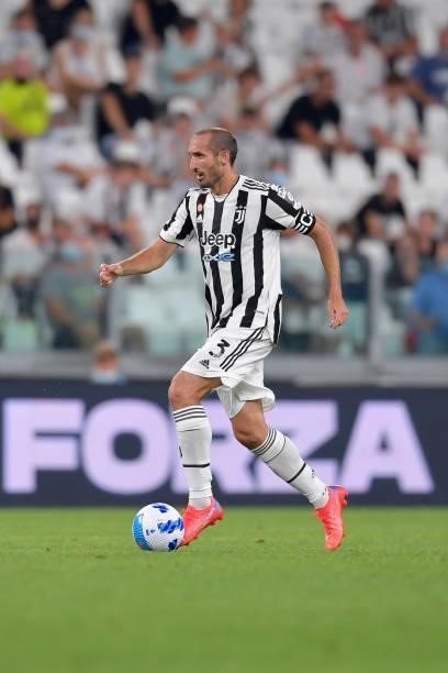 Juventus player Giorgio Chiellini during the friendly match between Juventus and Atalanta at Allianz Stadium on August 14, 2021 in Turin, Italy.