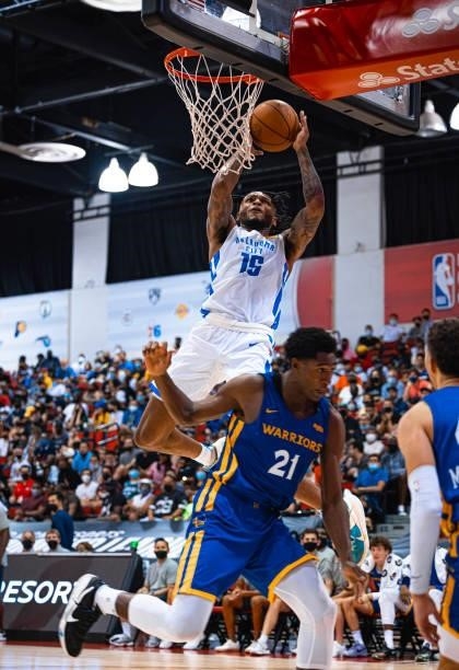 Josh Hall of the Oklahoma City Thunder shoots the ball during the game against the Golden State Warriors during the 2021 Las Vegas Summer League on...