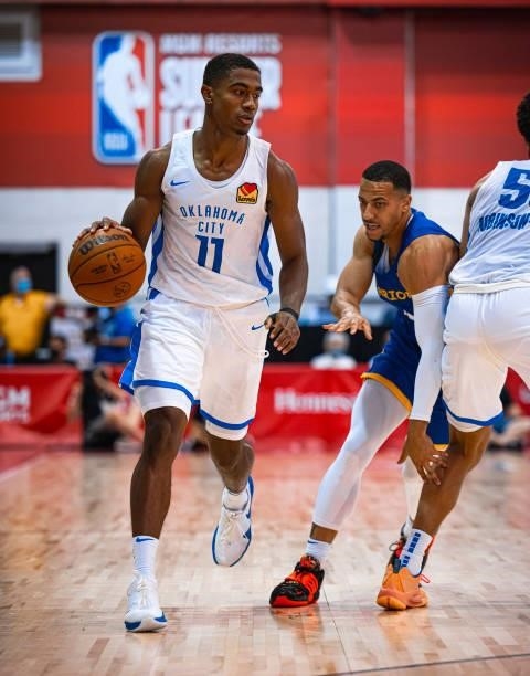 Theo Maledon of the Oklahoma City Thunder dribbles the ball during the game against the Golden State Warriors during the 2021 Las Vegas Summer League...