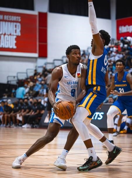 Jaylen Hoard of the Oklahoma City Thunder drives to the basket during the game against the Golden State Warriors during the 2021 Las Vegas Summer...