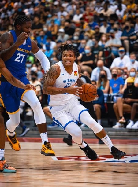 Rob Edwards of the Oklahoma City Thunder drives to the basket during the game against the Golden State Warriors during the 2021 Las Vegas Summer...