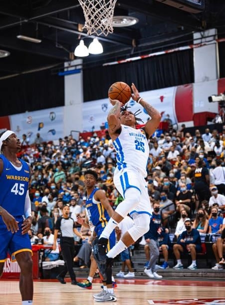 Rob Edwards of the Oklahoma City Thunder shoots the ball during the game against the Golden State Warriors during the 2021 Las Vegas Summer League on...