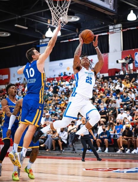 Rob Edwards of the Oklahoma City Thunder shoots the ball during the game against the Golden State Warriors during the 2021 Las Vegas Summer League on...