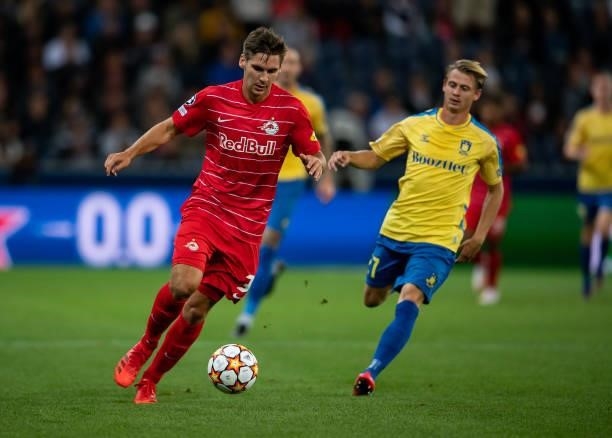 Maximilian Woeber of Salzburg in action during the UEFA Champions League Play-Offs Leg One match between FC Red Bull Salzburg and Broendby IF at Red...