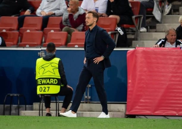 Coach Matthias Jaissle of Salzburg reacts during the UEFA Champions League Play-Offs Leg One match between FC Red Bull Salzburg and Broendby IF at...
