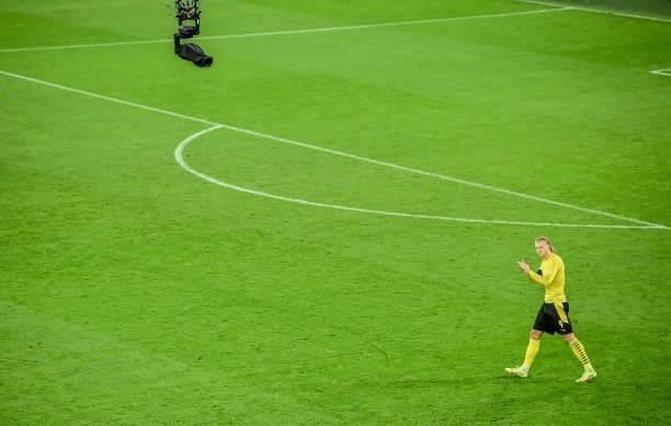 Erling Haaland of Dortmund reacts after the Supercup 2021 match between FC Bayern München and Borussia Dortmund at Signal Iduna Park on August 17,...