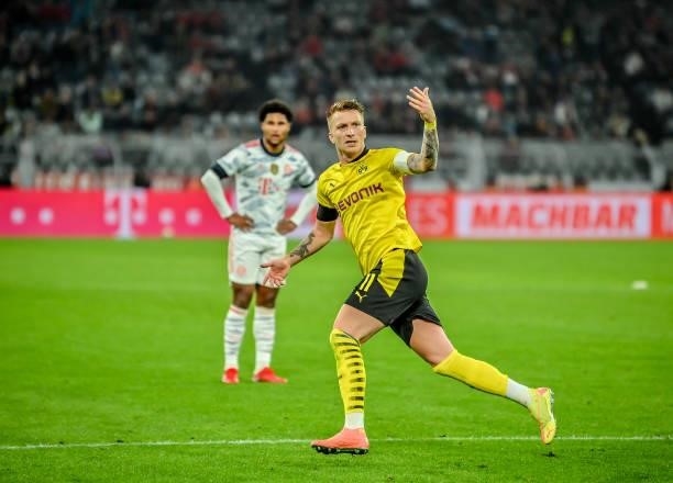 Marco Reus of Dortmund celebrates after scoring his team's first goal during the Supercup 2021 match between FC Bayern München and Borussia Dortmund...