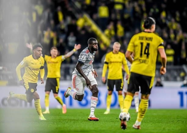 Dayot Upamecano of München in action during the Supercup 2021 match between FC Bayern München and Borussia Dortmund at Signal Iduna Park on August...