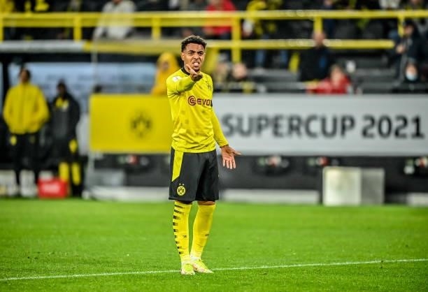 Donyell Malen of Dortmund gestures during the Supercup 2021 match between FC Bayern München and Borussia Dortmund at Signal Iduna Park on August 17,...