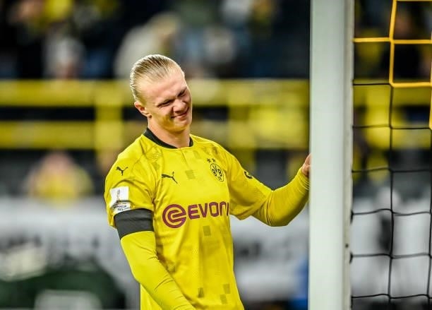 Erling Haaland of Dortmund reacts during the Supercup 2021 match between FC Bayern München and Borussia Dortmund at Signal Iduna Park on August 17,...