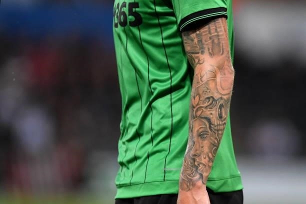 The Tattooed arms of Josh Tymon of Stoke City during the Sky Bet Championship match between Swansea City and Stoke City at the Swansea.com Stadium on...