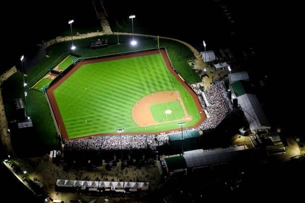 Aerial view during the game between the New York Yankees and the Chicago White Sox at MLB Field at Field of Dreams on Thursday, August 12, 2021 in...