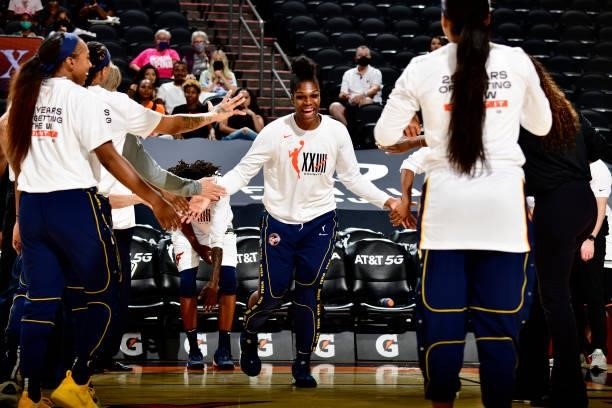 Teaira McCowan of the Indiana Fever is introduced before the game against the Phoenix Mercury on August 17, 2021 at Footprint Center in Phoenix,...