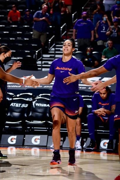Kia Nurse of the Phoenix Mercury is introduced before the game against the Italy Men's National Team on August 17, 2021 at Footprint Center in...