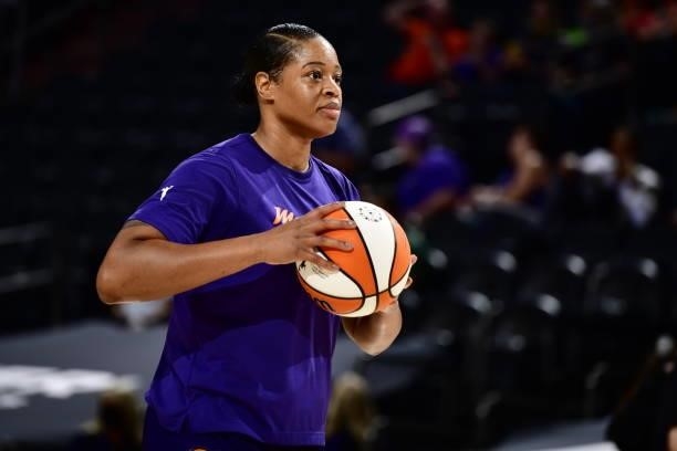Kia Vaughn of the Phoenix Mercury warms up before the game against the Indiana Fever on August 17, 2021 at Footprint Center in Phoenix, Arizona. NOTE...