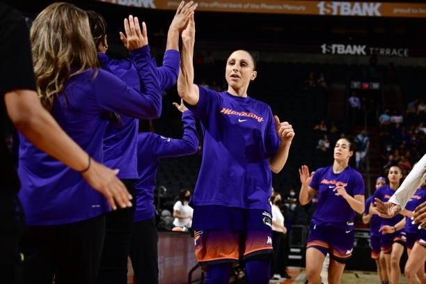 Diana Taurasi of the Phoenix Mercury is introduced before the game against the Indiana Fever on August 17, 2021 at Footprint Center in Phoenix,...