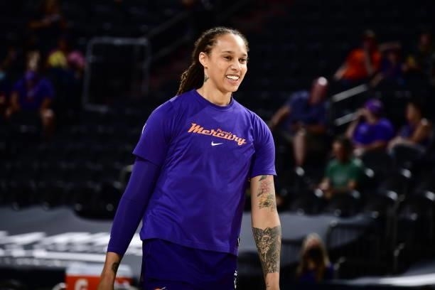 Brittney Griner of the Phoenix Mercury smiles before the game against the Indiana Fever on August 17, 2021 at Footprint Center in Phoenix, Arizona....