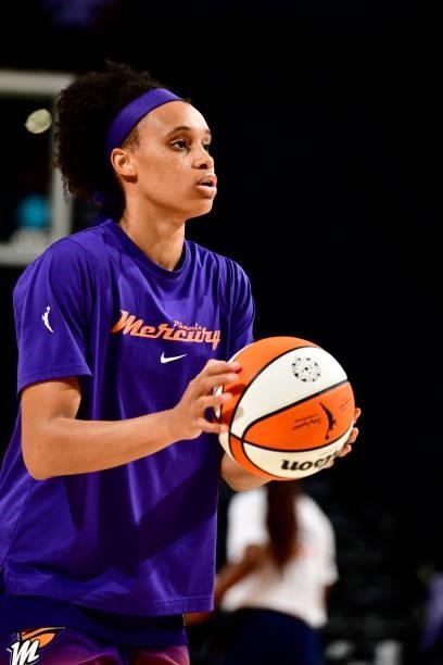 Brianna Turner of the Phoenix Mercury warms up before the game against the Indiana Fever on August 17, 2021 at Footprint Center in Phoenix, Arizona....