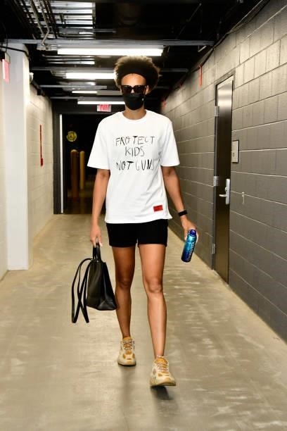 Brianna Turner of the Phoenix Mercury arrives before the game against the Indiana Fever on August 17, 2021 at Footprint Center in Phoenix, Arizona....
