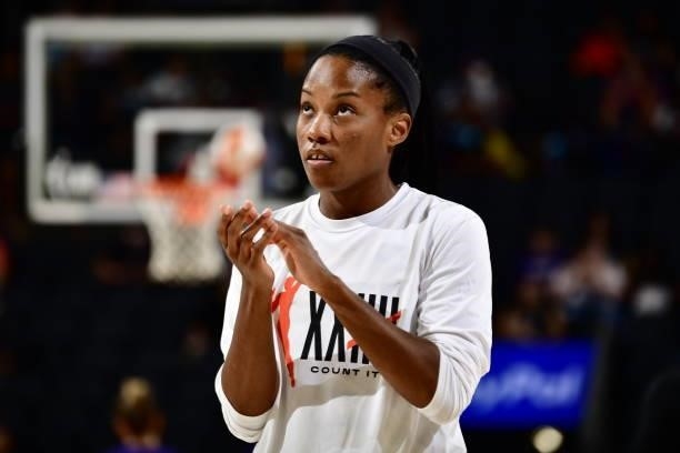Lindsay Allen of the Indiana Fever warms up before the game against the Phoenix Mercury on August 17, 2021 at Footprint Center in Phoenix, Arizona....