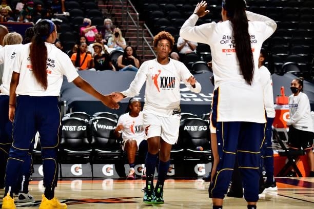 Danielle Robinson of the Indiana Fever is introduced before the game against the Phoenix Mercury on August 17, 2021 at Footprint Center in Phoenix,...