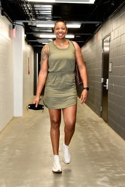 Kia Vaughn of the Phoenix Mercury arrives before the game against the Indiana Fever on August 17, 2021 at Footprint Center in Phoenix, Arizona. NOTE...