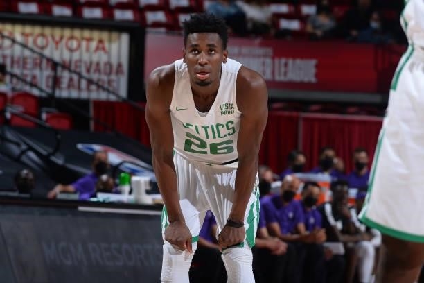 Aaron Nesmith of the Boston Celtics looks on against the Sacramento Kings during the 2021 Las Vegas Summer League Championship Game on August 17,...