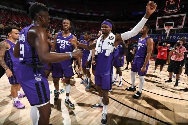 Ade Murkey of the Sacramento Kings celebrates after winning the 2021 Las Vegas Summer League Championship Game on August 17, 2021 at the Thomas &...