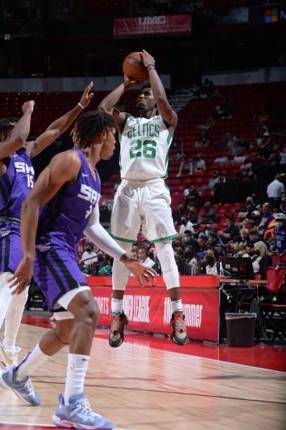 Aaron Nesmith of the Boston Celtics shoots the ball against the Sacramento Kings during the 2021 Las Vegas Summer League Championship Game on August...