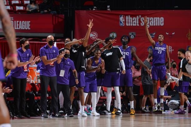 The Sacramento Kings celebrate during the game against the Boston Celtics during the 2021 Las Vegas Summer League Championship Game on August 17,...