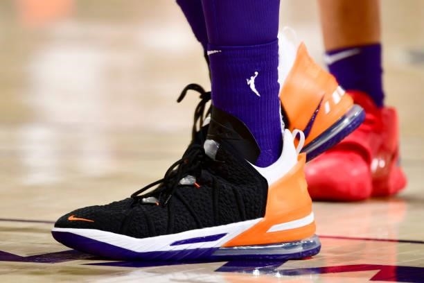 The sneakers of Brittney Griner of the Phoenix Mercury during the game against the Indiana Fever on August 17, 2021 at Footprint Center in Phoenix,...