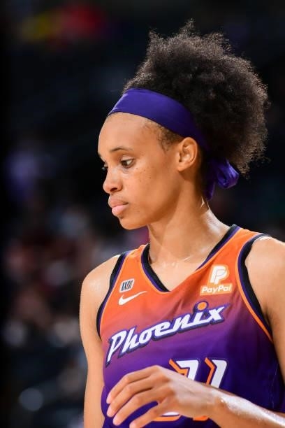 Brianna Turner of the Phoenix Mercury looks on during the game against the Indiana Fever on August 17, 2021 at Footprint Center in Phoenix, Arizona....