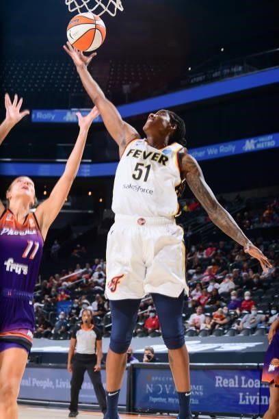 Jessica Breland of the Indiana Fever rebounds the ball during the game against the Phoenix Mercury on August 17, 2021 at Footprint Center in Phoenix,...