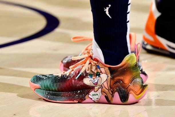 The sneakers of Tiffany Mitchell of the Indiana Fever during the game against the Phoenix Mercury on August 17, 2021 at Footprint Center in Phoenix,...