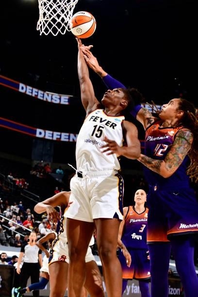 Teaira McCowan of the Indiana Fever shoots the ball during the game against the Phoenix Mercury on August 17, 2021 at Footprint Center in Phoenix,...
