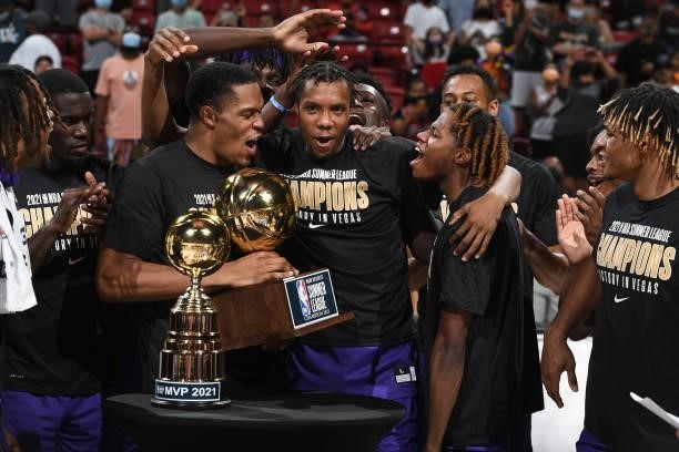 Robert Woodard II, Louis King and DJ Steward of the Sacramento Kings celebrate with the MGM Resorts 2021 Summer League Championship Trophy after...