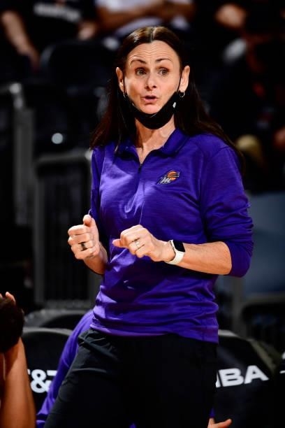 Head Coach Sandy Brondello of the Phoenix Mercury looks on during the game against the Indiana Fever on August 17, 2021 at Footprint Center in...