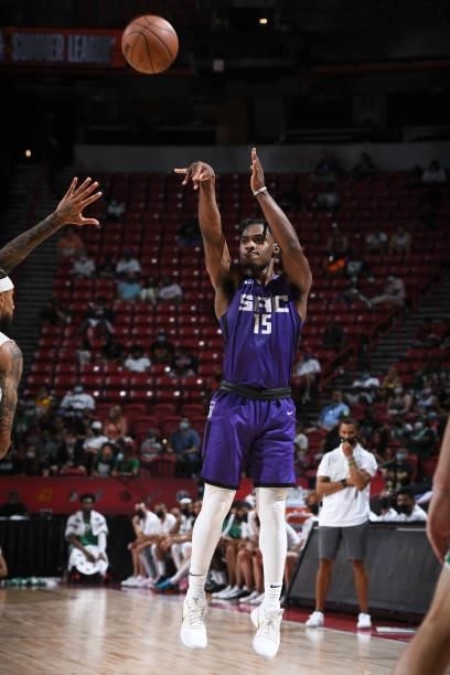 Davion Mitchell of the Sacramento Kings shoots a three point basket against the Boston Celtics during the 2021 Las Vegas Summer League Championship...