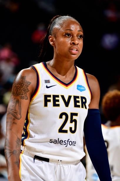Tiffany Mitchell of the Indiana Fever looks on during the game against the Phoenix Mercury on August 17, 2021 at Footprint Center in Phoenix,...