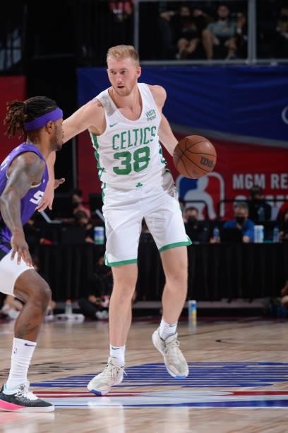 Sam Hauser of the Boston Celtics handles the ball against the Sacramento Kings during the 2021 Las Vegas Summer League Championship Game on August...