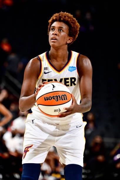 Danielle Robinson of the Indiana Fever looks on during the game against the Phoenix Mercury on August 17, 2021 at Footprint Center in Phoenix,...