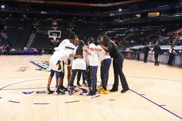 The Indiana Fever huddle up before the game against the Phoenix Mercury on August 17, 2021 at Footprint Center in Phoenix, Arizona. NOTE TO USER:...