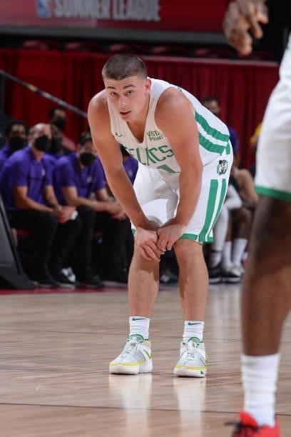 Payton Pritchard of the Boston Celtics looks on against the Sacramento Kings during the 2021 Las Vegas Summer League Championship Game on August 17,...