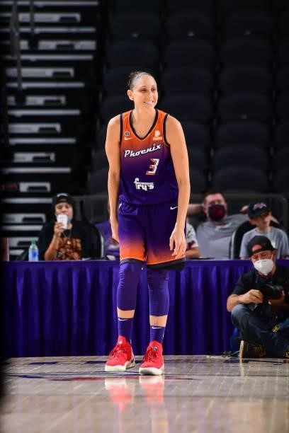 Diana Taurasi of the Phoenix Mercury smiles during the game against the Indiana Fever on August 17, 2021 at Footprint Center in Phoenix, Arizona....