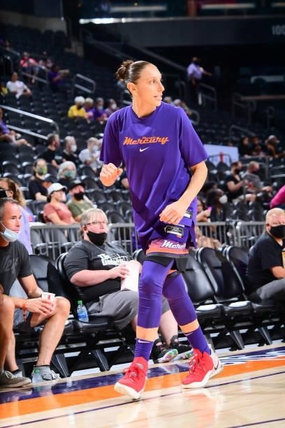 Diana Taurasi of the Phoenix Mercury warms up before the game against the Indiana Fever on August 17, 2021 at Footprint Center in Phoenix, Arizona....