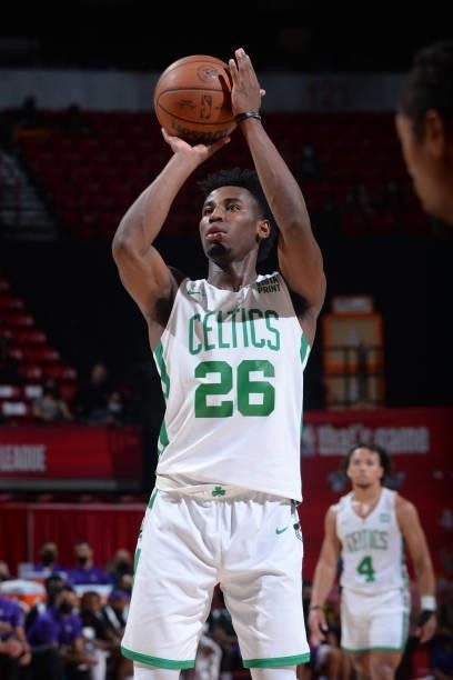 Aaron Nesmith of the Boston Celtics shoots a free throw against the Sacramento Kings during the 2021 Las Vegas Summer League Championship Game on...